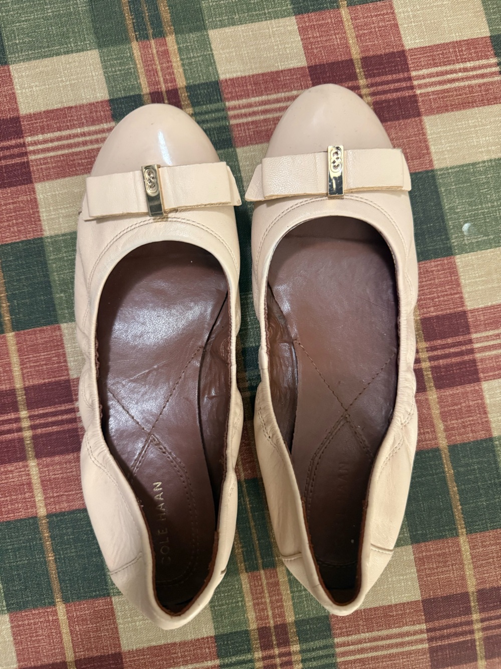 Cole Haan Blush Leather Ballet Flats with Bow & Gold Accent